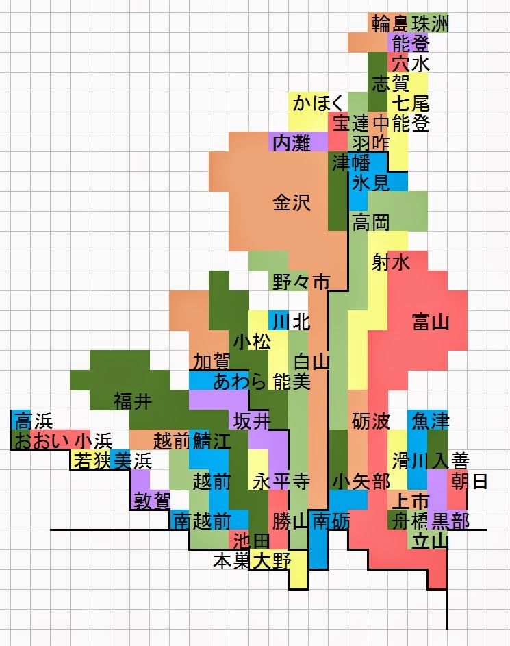 Simpleways 日本の人口分布 市町村別 面積地図 北陸 中部版