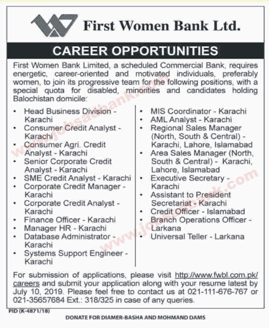 First Women Bank Limited Jobs June 2019 July Apply Online Universal Tellers, Sales Managers & Others FWBL Latest 2019