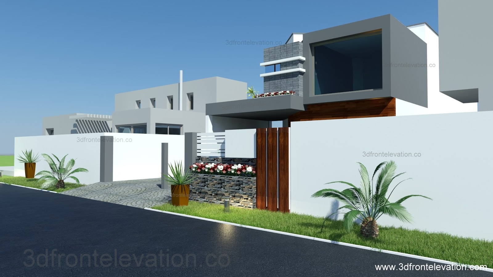 3D Front Elevation com 8 Marla House Plan Layout Elevation