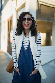 Pancake Stacker wearing Amour Vert Stripe Top, Tobi Denim Dress, Nautralizer Brown Boots and Wildfox Sunglasses