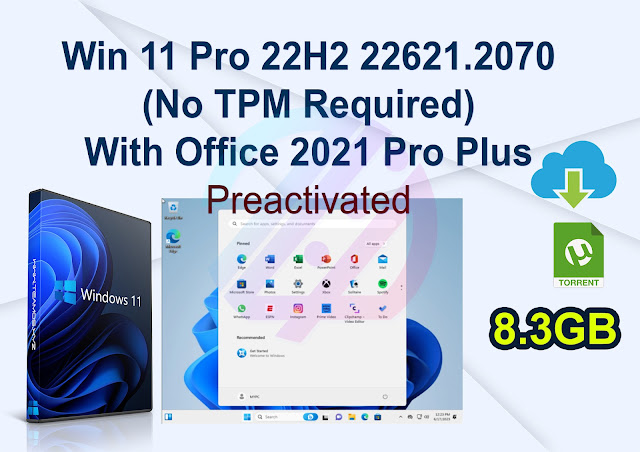 Windows 11 Pro 22H2 Build 22621.2070 (No TPM Required) With Office 2021 Pro Plus Multilingual Preactivated