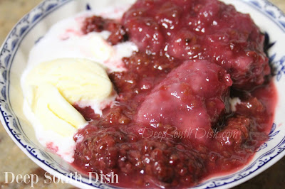 Fresh blackberries, sweetened and stewed and topped with sweet steamed dumplings. Serve over vanilla ice cream.