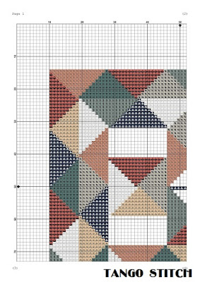 Letter B and cute birds geometric patchwork cross stitch pattern