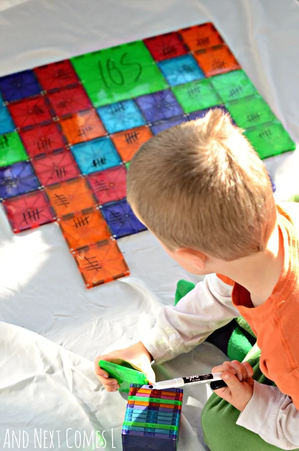 Using Magna-Tiles to explore elementary math concept of tally marks from And Next Comes L