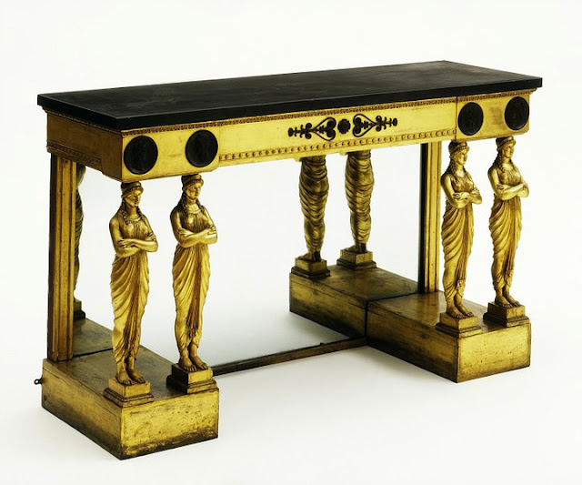 Thomas Hope. Pier table, with pairs of caryatids. ca. 1800.  Gilded pine, with black marble, mirror glass and bronze mounts.  Victoria and Albert Museum. London, UK.