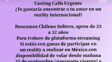 CASTING CALL CHILE: Para REALITY internacional se busca CHILENO SOLTERO para tv-show de plataforma streaming