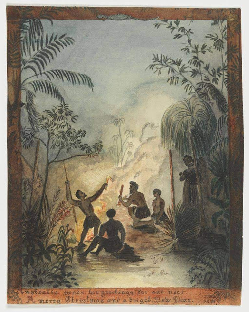 Christmas Card design depicting indigenous people around a fire in the bush with the words "Australia sends her greetings far and near, A Merry Christmas and a bright New Year".