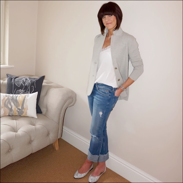 My Midlife Fashion, the white company silk trim lace camisole, j crew knitted jacket, zara distressed straight leg turn up jeans, french sole grey snake effect ballet pumps