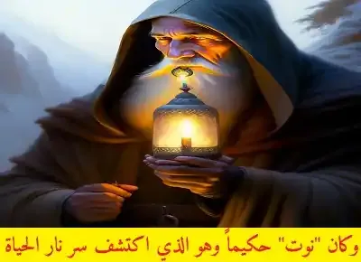 راهب أو حكيم عجوز ذو لحية بيضاء طويلة يحمل مصباحاً ذا شمعة