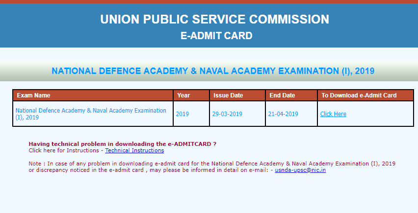 UPSC NDA NA(I) 2019 admit card