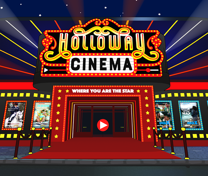 Front Of Holloway Cinema Movie Theater Building Outside With Lights On The Marquee And Movie Posters Lined Up On The Side Walls And A Play Button Image On The Door Of Cinema And A Headline Text Of Holloway Cinema Where You Are The Star On The Enterance Way
