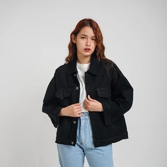 ESROCTE Jaket Denim Jeans Wanita Oversize Lengan Panjang