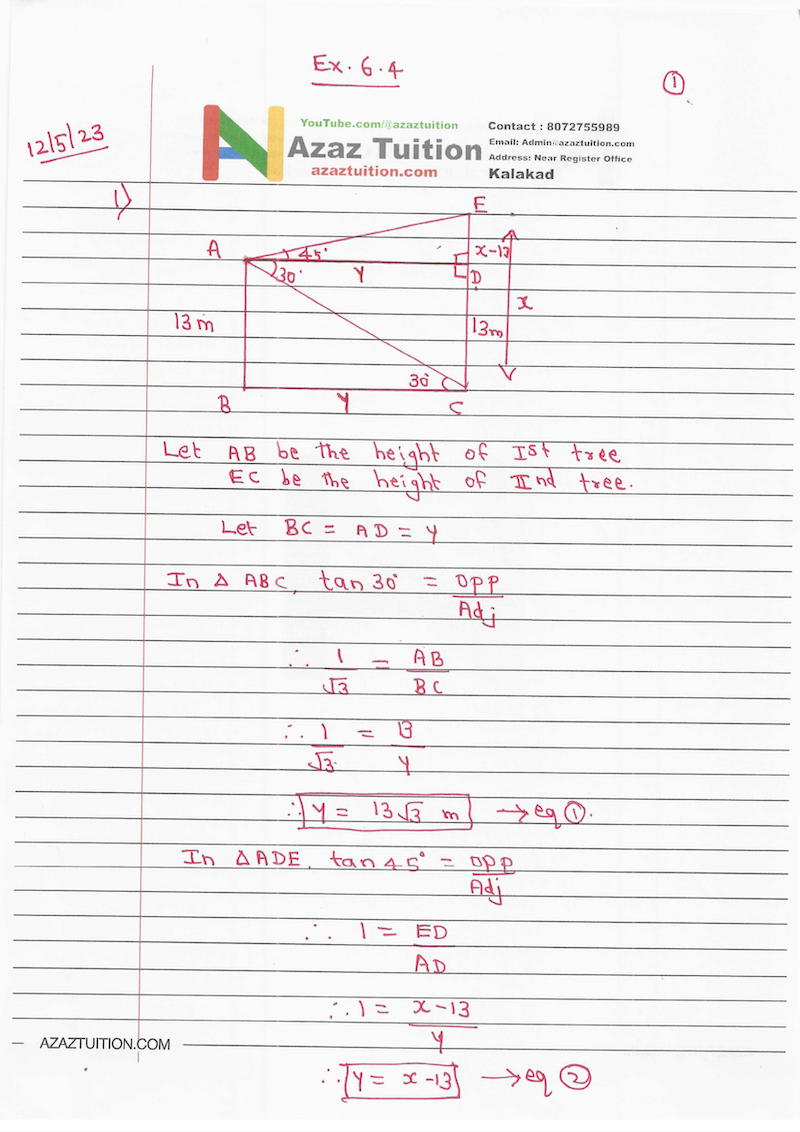 TN Samacheer 10 Maths Trigonometry Chapter 6 Hand Written Solution