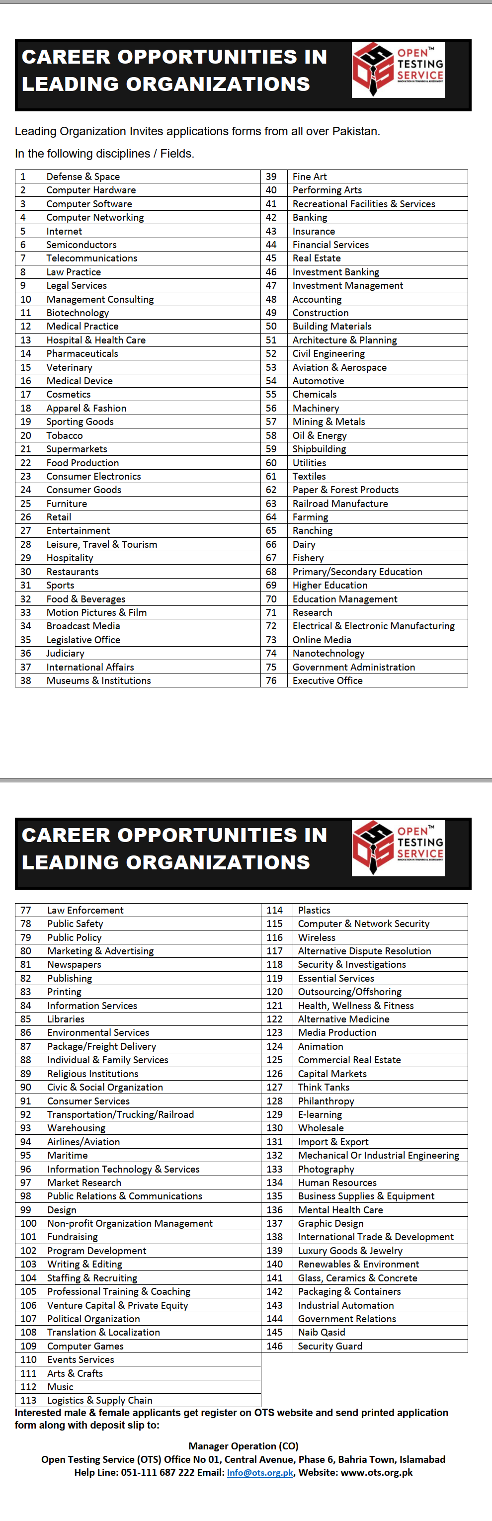 Career Opportunities In Leading Organization (Government, Semi-Government, Private) |OTS Jobs|  www.merenukkri.com