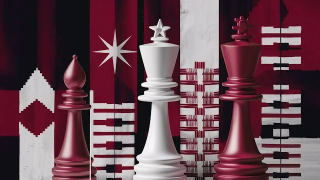 An abstract chess-themed artwork featuring the Morning Star (Auseklis) and traditional Latvian geometric patterns. The image uses deep red and white tones inspired by the Latvian flag, creating a vibrant interplay between chess elements and Latvian motifs. This artwork accompanies a post on the Latvian Gambit.
