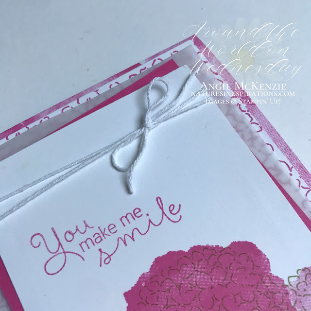 By Angie McKenzie for Around the World on Wednesday Blog Hop; Click READ or VISIT to go to my blog for details! Featuring the Hydrangea Haven Photopolymer Stamp Set found in the 2021-2022 Annual Catalog by Stampin' Up!®; #caseateammember #stamping #aroundtheworldonwednesdaybloghop #awowbloghop #hydrangeahaven #hydrangeas #pinkhydrangeas #naturesinkspirations #maskingtechnique #diycrafts #makingotherssmileonecreationatatime #cardtechniques #stampinup #handmadecards #stampinupcolorcoordination #simplestamping #fussycutting #papercrafts #vellumlayer