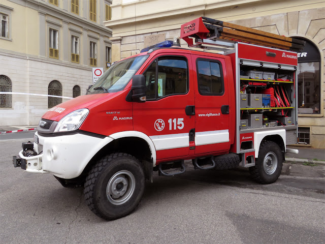 A truck of the Fire Department on display in Piazza Cavour, Livorno