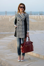 striped coat, white pumps, Fashion and Cookies