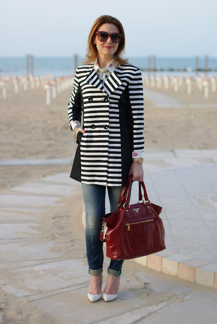 striped coat, white pumps, Fashion and Cookies