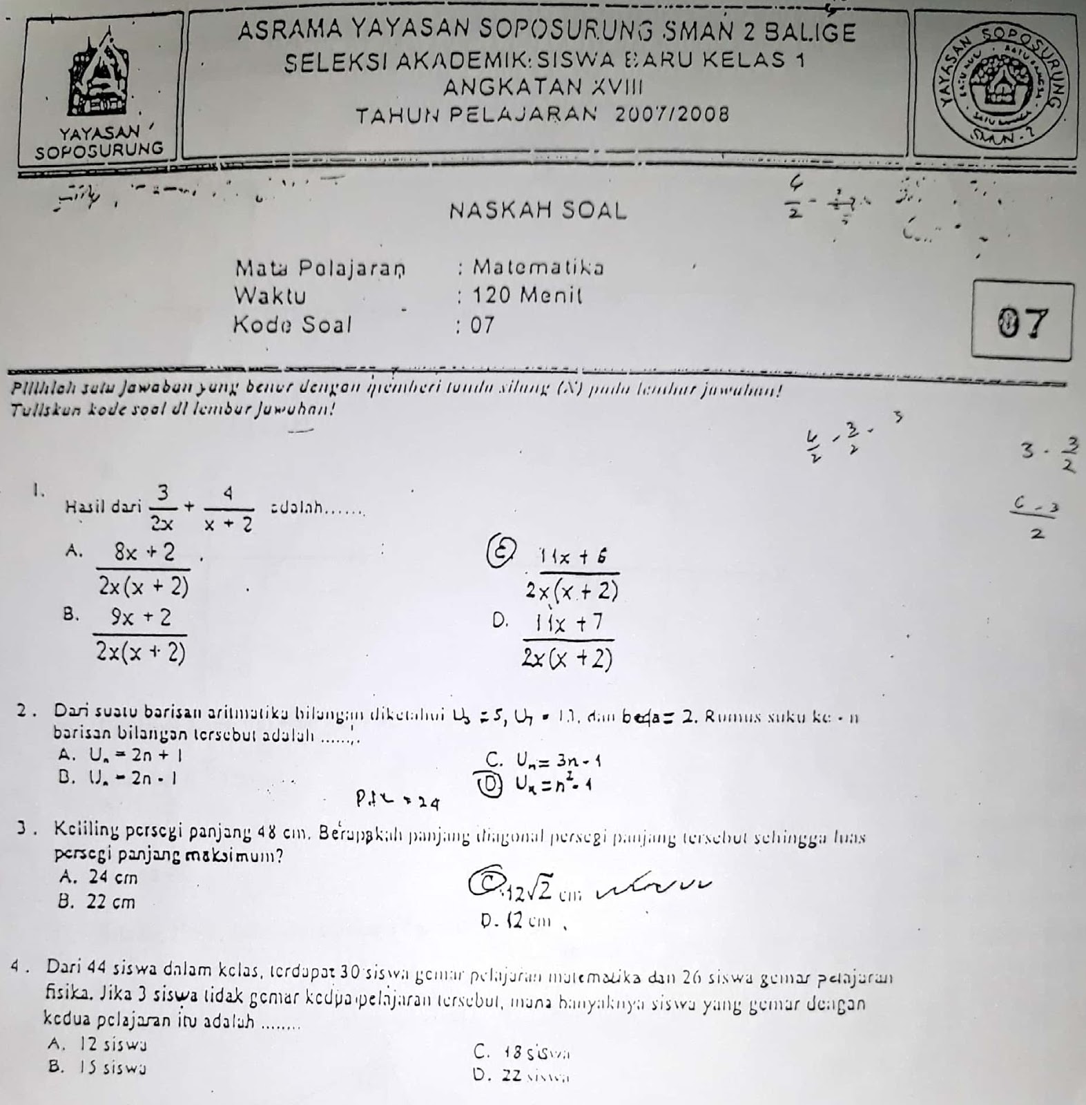 Matematika SMP Soal Seleksi Akademik Yayasan Soposurung Asrama YASOP SMAN 2 Balige
