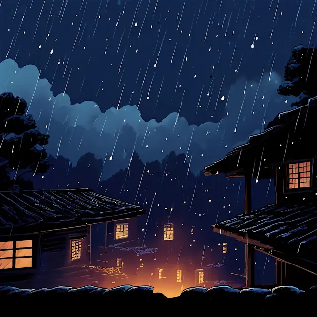 Lluvia cayendo sobre un tejado de noche. Arte digital