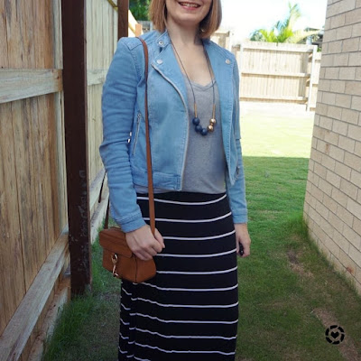 awayfromtheblue Instagram | denim jacket grey tee black striped maxi skirt rebecca minkoff MAB camera bag