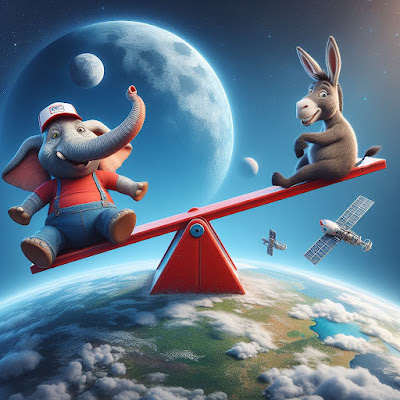 MS Copilot rendered image of an elephant and a donkey riding a seesaw atop the planet earth with satellites flying by.