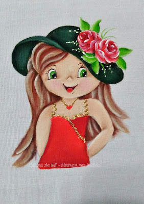 pintura boneca com chapéu verde e rosas vermelhas