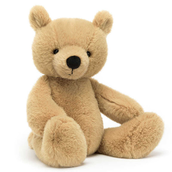 Jellycat Rufus Bear - Large coming with honey-brown fur, which quite distinctly lies straight and quite long. There are the classic teddy cupped ears, button tail, circular dark brown button nose, excellent proportions.
