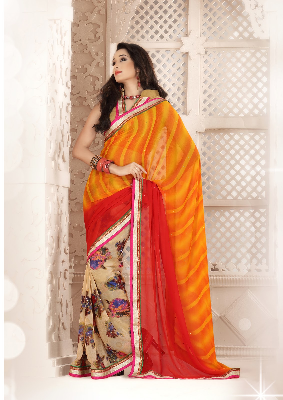 Red and yellow flower printed saree