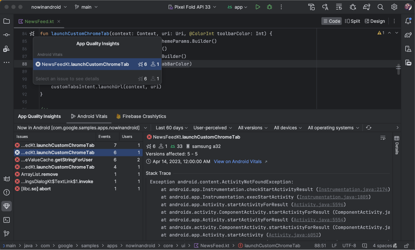 Screengrab showing Android vitals crash reports in the App Quality Insights window