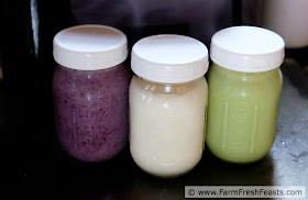 image of 3 smoothies in regular mouth canning jars--purple, white, and green