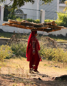 woman carrying a heavy load of firewood