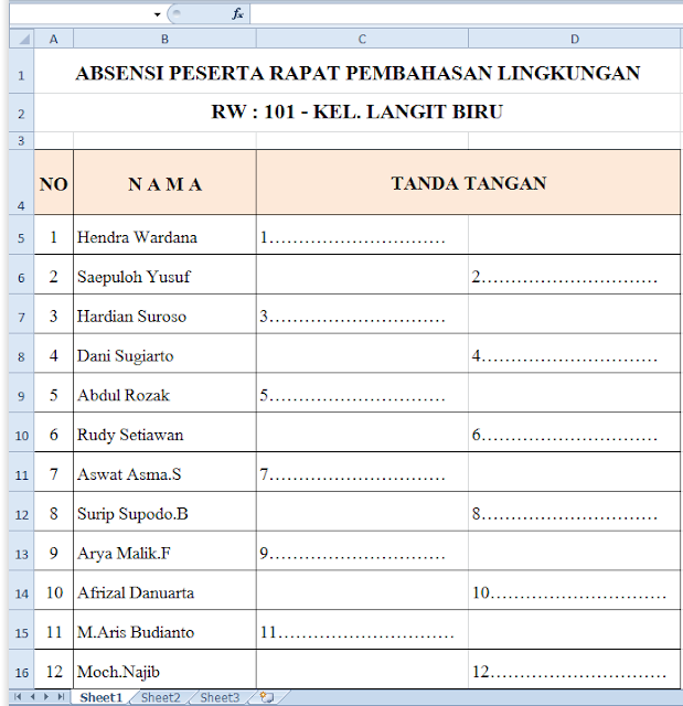 form absensi di excel