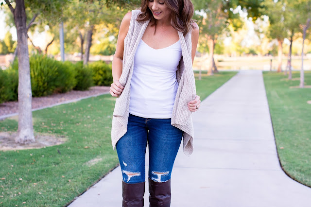 Old Navy open sweater vest with over the knee boots for Fall 