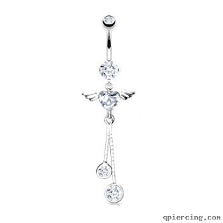14K solid WHITE gold navel ring with winged heart-shaped CZ and two dangling gems