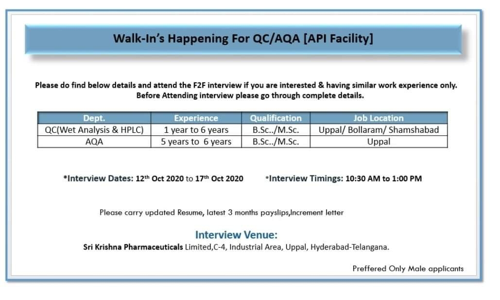 Job Availables, Sri Krishna Pharmaceuticals Ltd Interview For Multiple Opening In R&D/ QC/ AQA/ Production & Warehouse Department