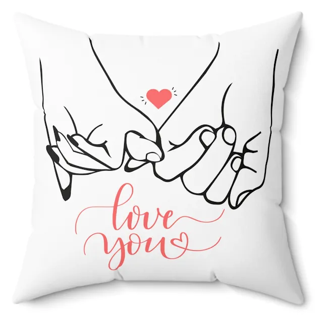 Spun Polyester Square Valentine Pillow With Finger Shake and Love You Text in Red Color