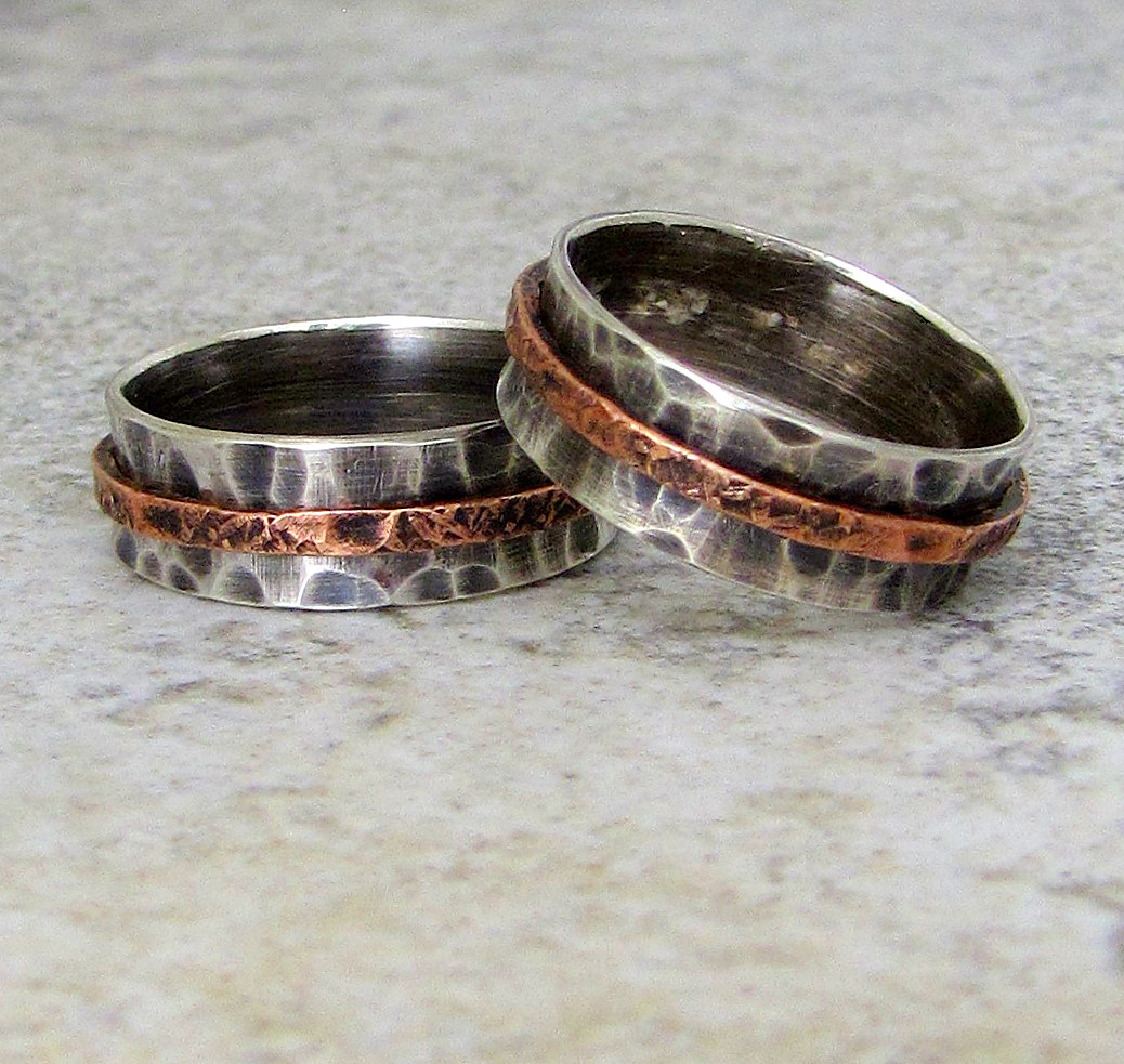 ... Hammered Rustic Wedding Rings Silver Copper Spinner Rings SET OF TWO