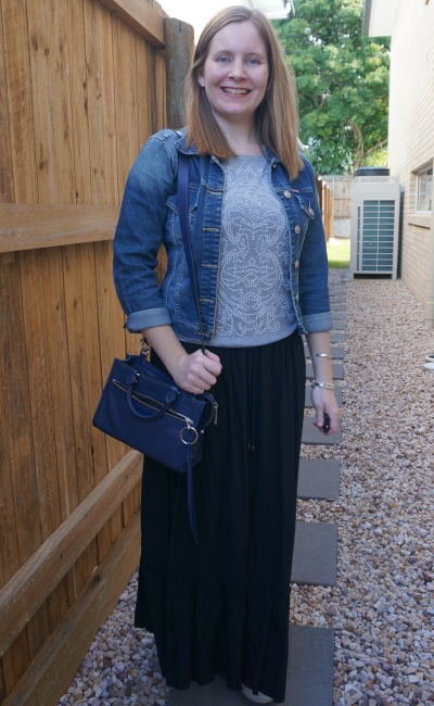 neutral grey embellished knit jumper with black maxi skirt denim jacket micro bedford bag | awayfromblue