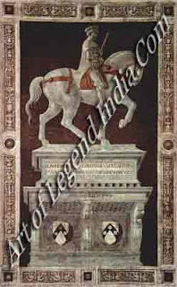 Sir John Hawkwood, This commemorative fresco of the English condottiere was painted for the Duomo in 1436. Uccello probably based the horse on the antique horses of St Mark's. The decorative border was added in the 16th century.