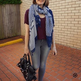 awayfromblue Instagram | navy printed scarf, burgundy tee grey skinny jeans mum style