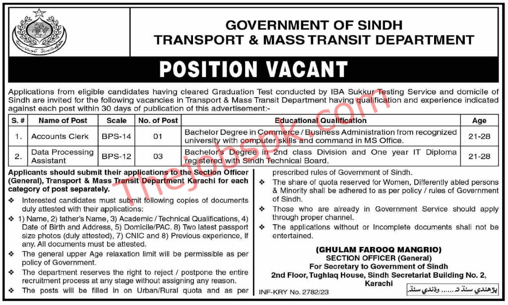 Apply Now for Transport and Mass Transit Department Jobs in Sindh 2023