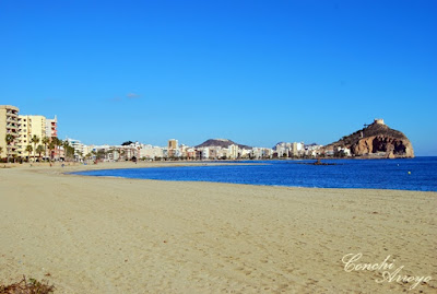 Preciosa imagen de la playa de poniente, al fondo uno de sus torreones y detrás el castillo de San Juan