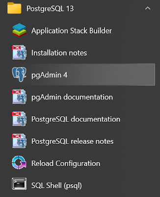 PostgreSQL menu options