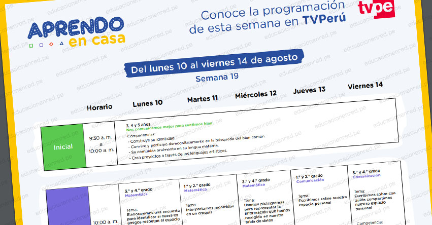 APRENDO EN CASA: Programación del Lunes 10 al Viernes 14 de Agosto - TV Perú y Radio (ACTUALIZADO SEMANA 19) www.aprendoencasa.pe