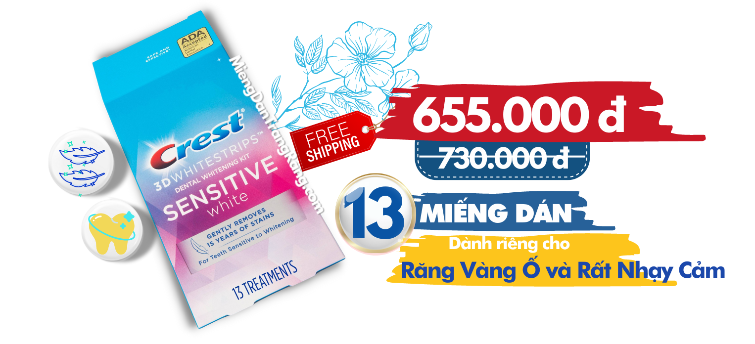 Miếng dán trắng răng Crest 3D Whitestrips Sensitive White