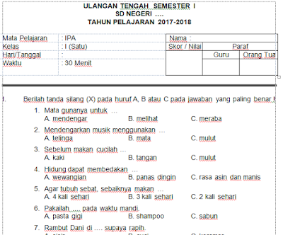 Soal MIDSEM SD Kelas 1