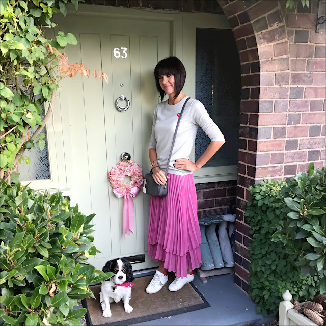 my midlife fashion, j crew tippi sweater, j crew leather cross body grey bag, finery london baltic double layered pleated skirt, golden goose superstar low top leather trainers