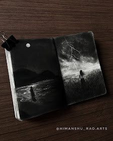 03-The-river-and-lightening-Nighttime-Charcoal-Drawing-Himanshu-www-designstack-co